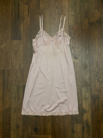 Vintage Vassarette Slip Dress with Floral Lace Trim - Pink - Small