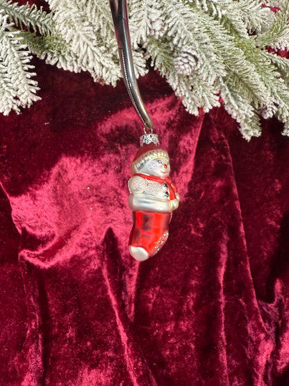 Vintage Christmas - Handblown Glass Ornament - Snowman In A Stocking - Department 56