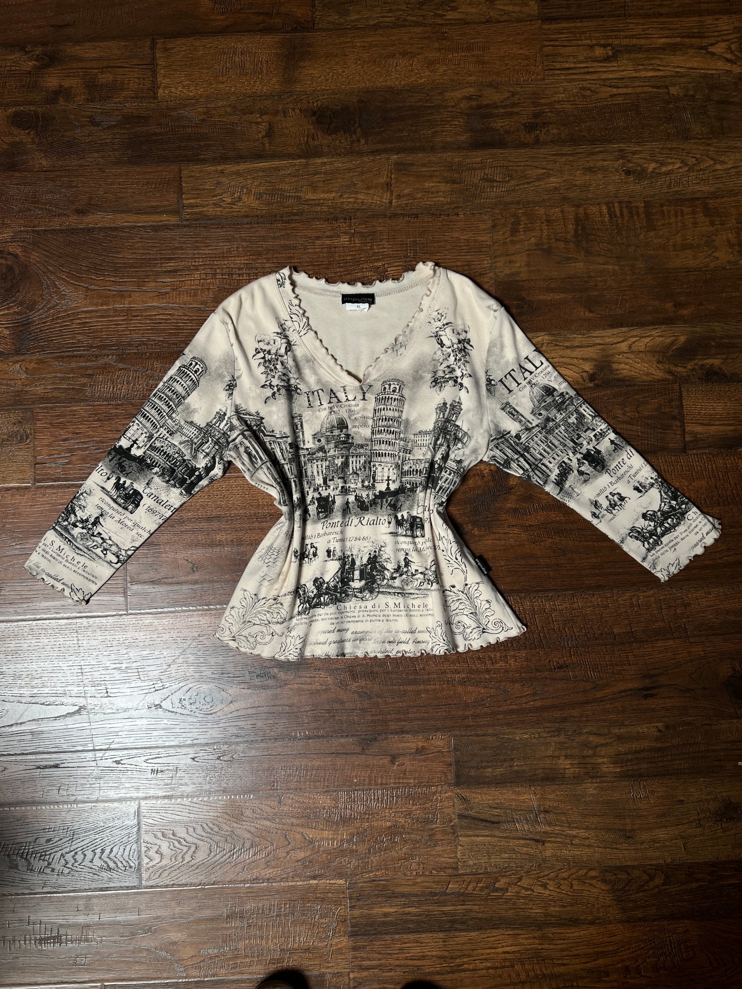 Vintage Impulse California Cotton Graphic Top — Scenic Italy Print Lettuce Hem - X-Large