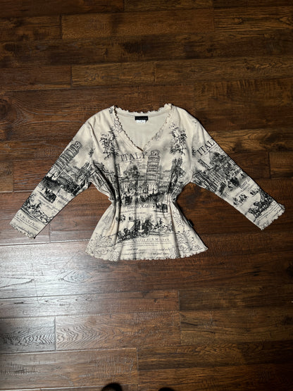 Vintage Impulse California Cotton Graphic Top — Scenic Italy Print Lettuce Hem - X-Large