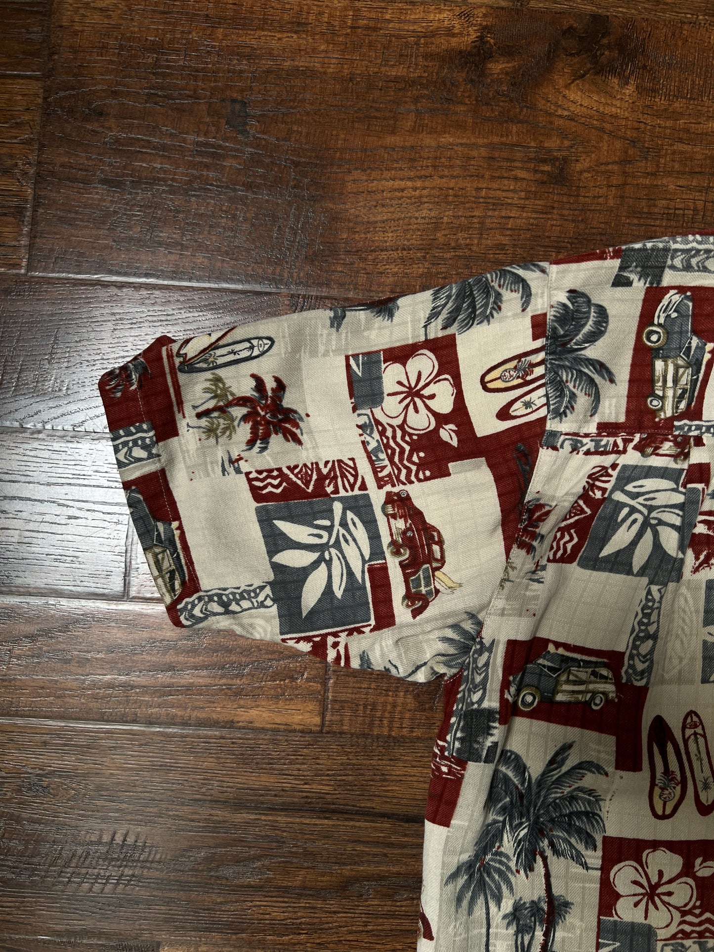 Vintage Paradise Blue Silk Rayon Shirt – Hawaiian Surf Car Print – Size Large