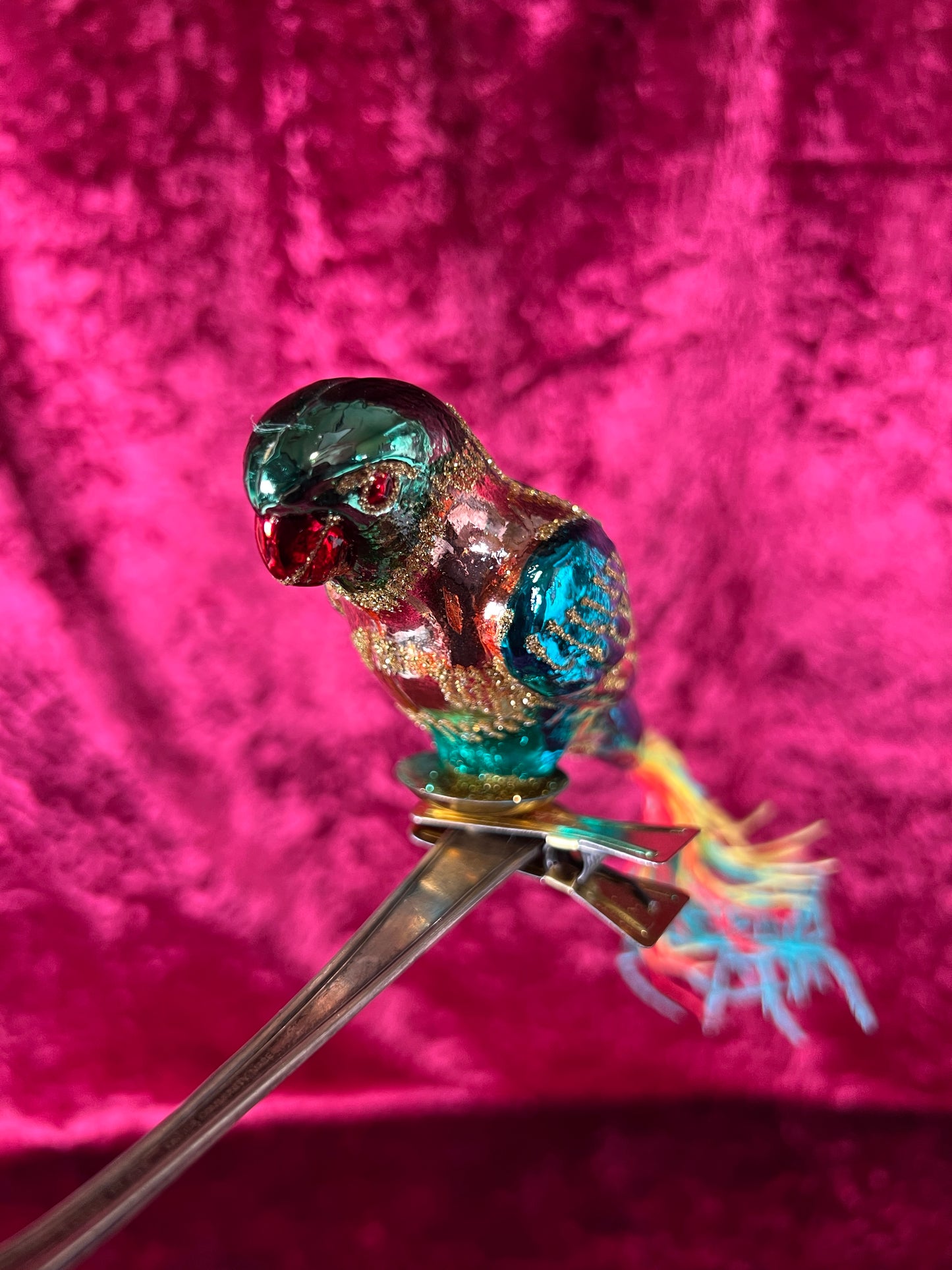 Vintage Christmas - Glass Clip-On Ornament - Teal Blue Parrot with Feather Tail