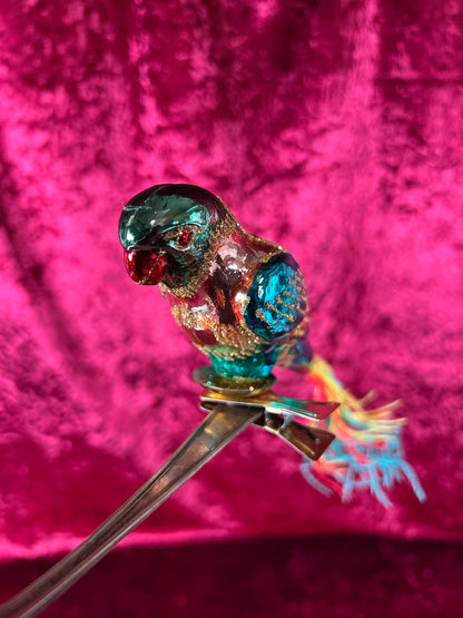 Vintage Christmas - Glass Clip-On Ornament - Teal Blue Parrot with Feather Tail