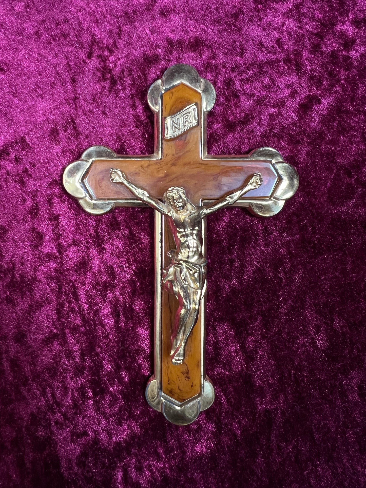 Vintage Brass Crucifix Cross - Marbled Bakelite Inlay Religious Wall Hanging