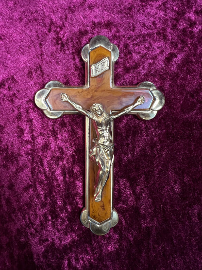 Vintage Brass Crucifix Cross - Marbled Bakelite Inlay Religious Wall Hanging
