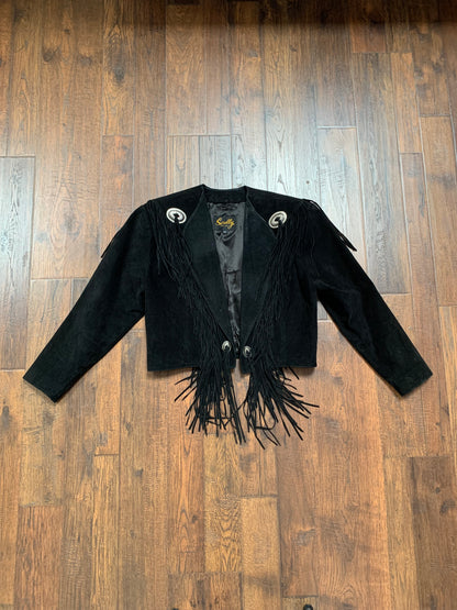 Vintage Bomber Jacket - Genuine Leather - Black Suede Fringe - Silver Conches - Scully - Large