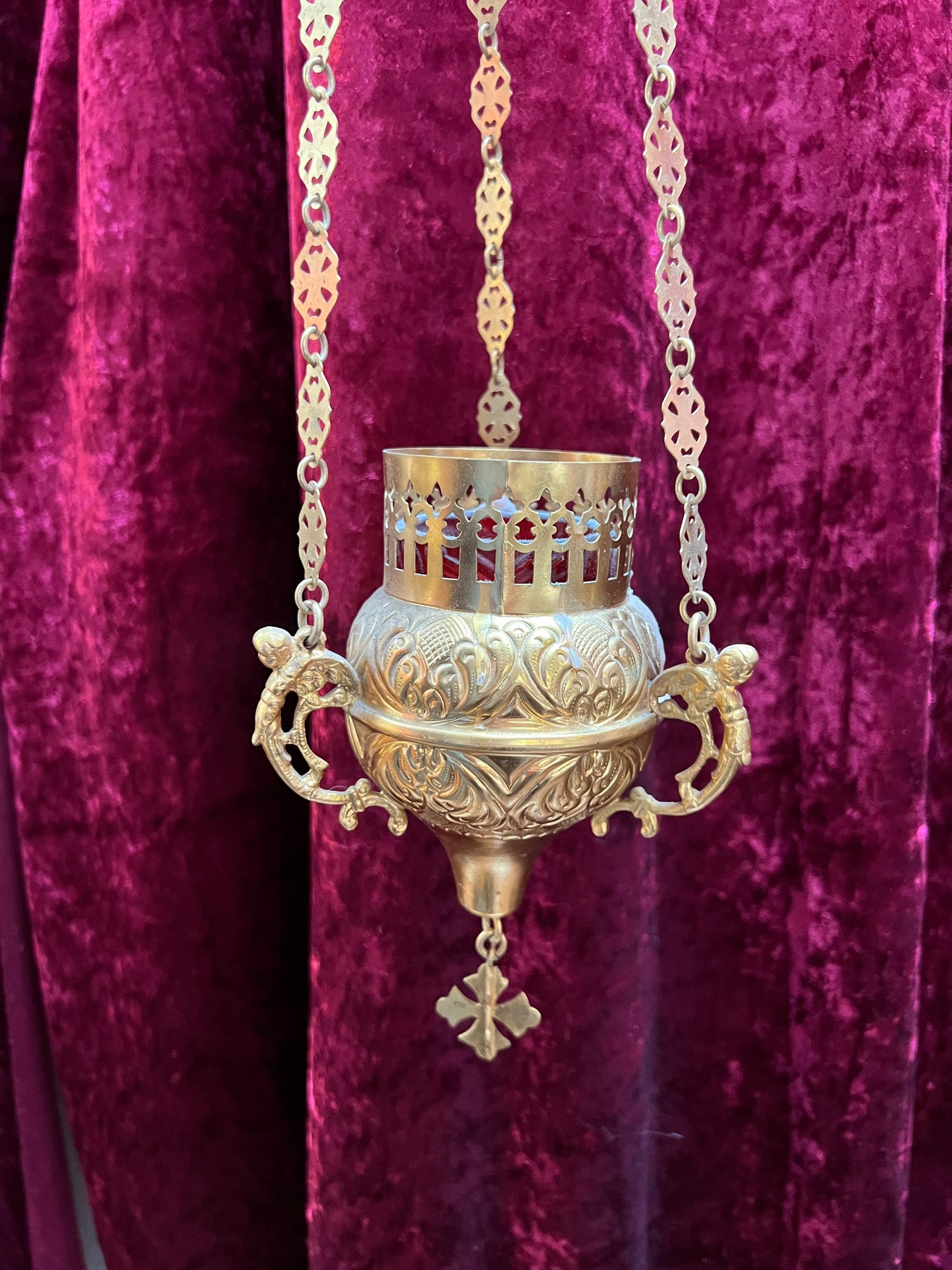 Vintage Religio - Antique Sanctuary Candle Lamp / Incense Censer - Gold and Cherubs