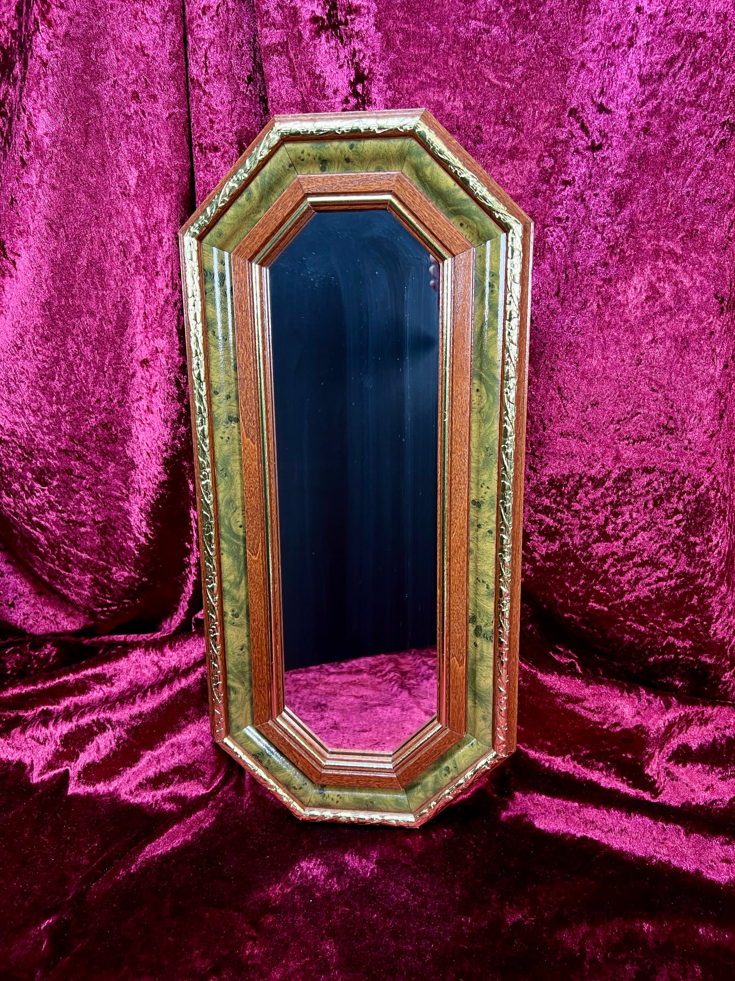 Vintage Wood Wall Mirror - Octagonal Faux Burlwood Accent Frame