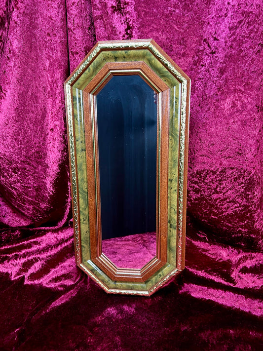 Vintage Wood Wall Mirror - Octagonal Faux Burlwood Accent Frame