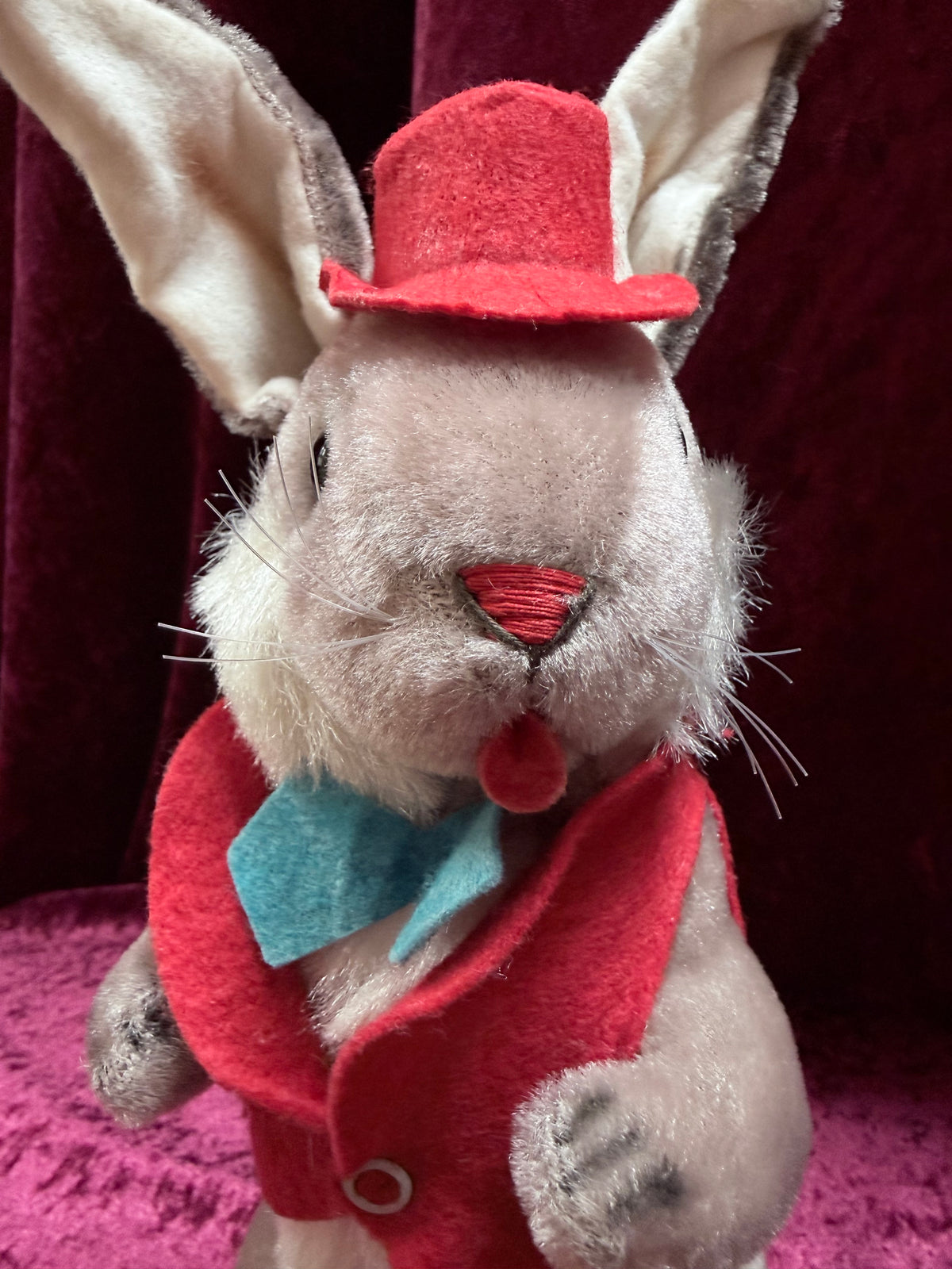 Vintage 1950s Gund Plush Rabbit Music Box – “Rock-a-Bye Baby” + Felt Outfit