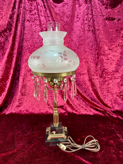 Antique Marble and Brass Sinumbra Style Hurricane Lamp – Frosted Glass Shade with Crystal Prisms