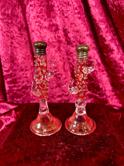 Vintage Kitchen - Salt and Pepper Shaker Set - Handblown Glass - Red Hobnail Cactus