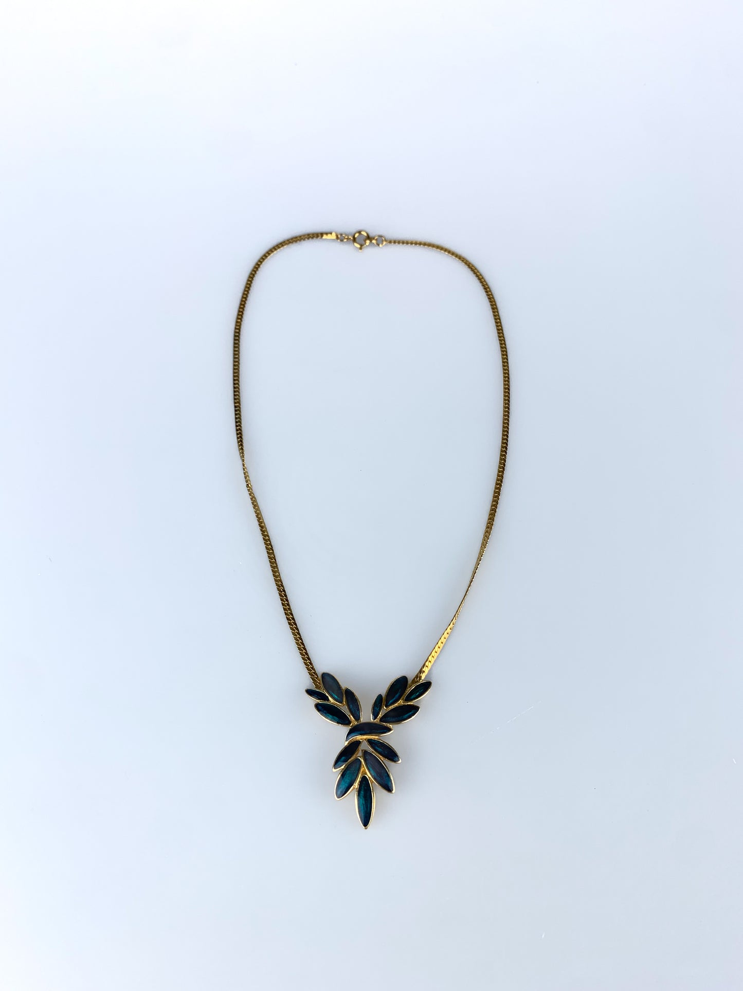 Vintage Trifari Gold Tone Snake Chain Necklace with Aquamarine Enamel Pendant