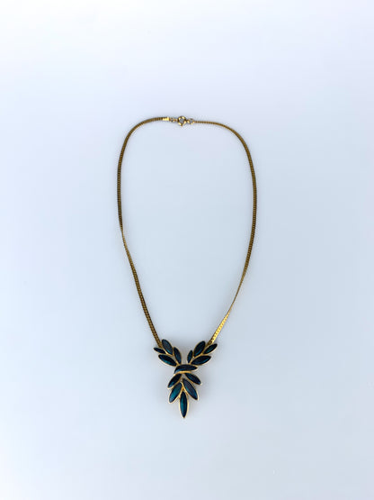 Vintage Trifari Gold Tone Snake Chain Necklace with Aquamarine Enamel Pendant