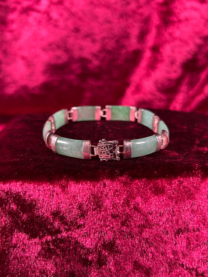 Vintage Jewelry - Link / Panel Bracelet - 925 Sterling Silver - Green Jade - 7.5"