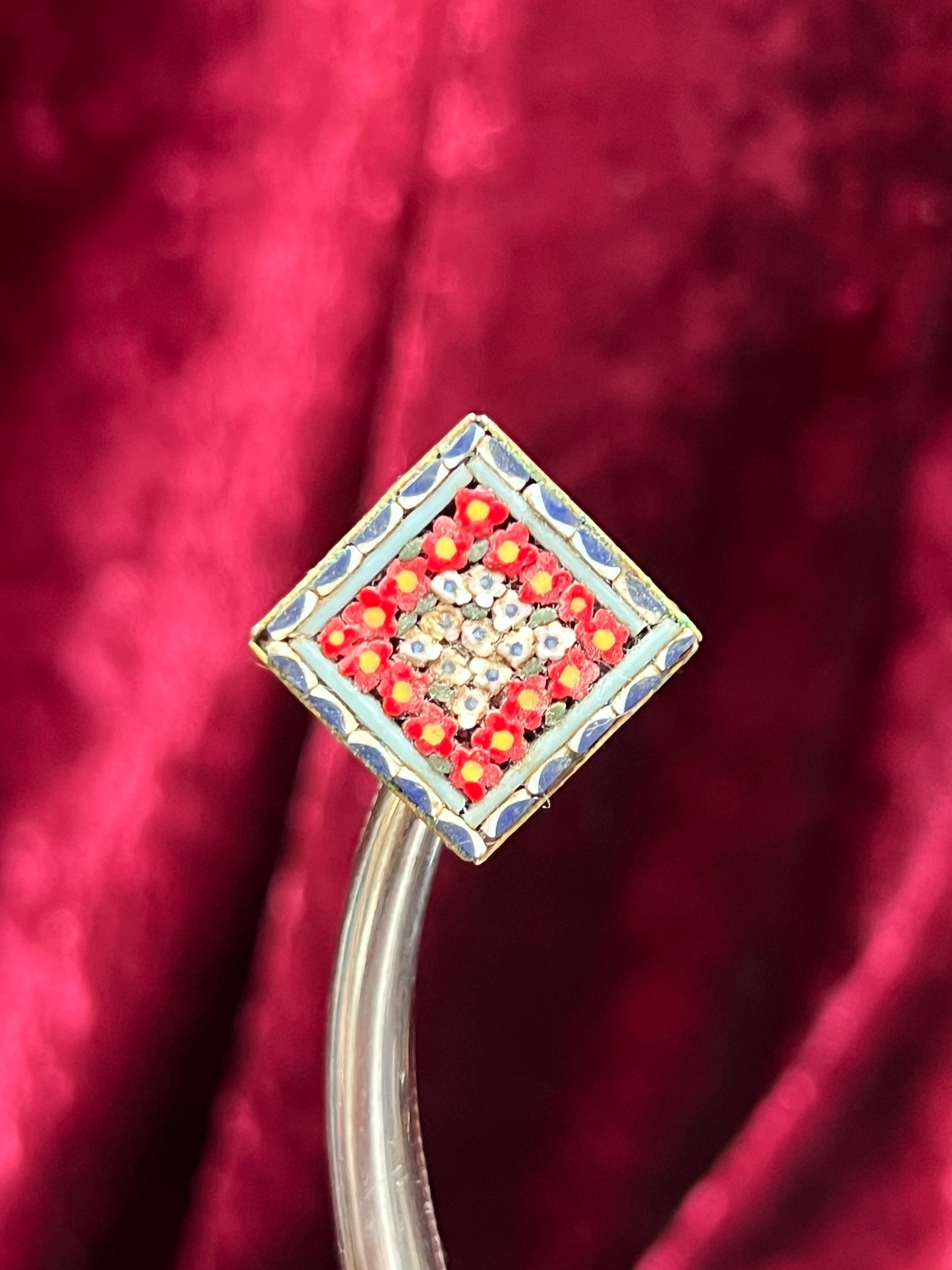 Vintage Jewelry - Brooch - Italian Micro Mosaic - Floral Tile - Dark Blue and Red - Made In Italy