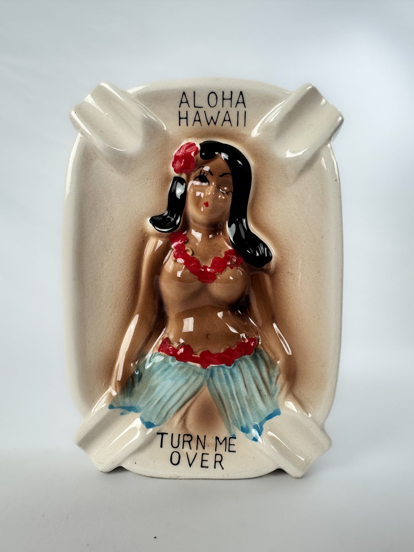 Vintage Double Sided Ashtray - Aloha Hawaii "Turn Me Over" - Raunchy Humor