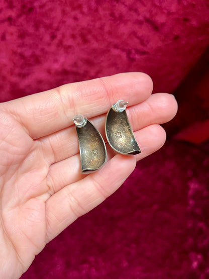 Vintage Jewelry - Half Hoop Earrings - Sterling Silver - Inlaid Stones - Signed SE
