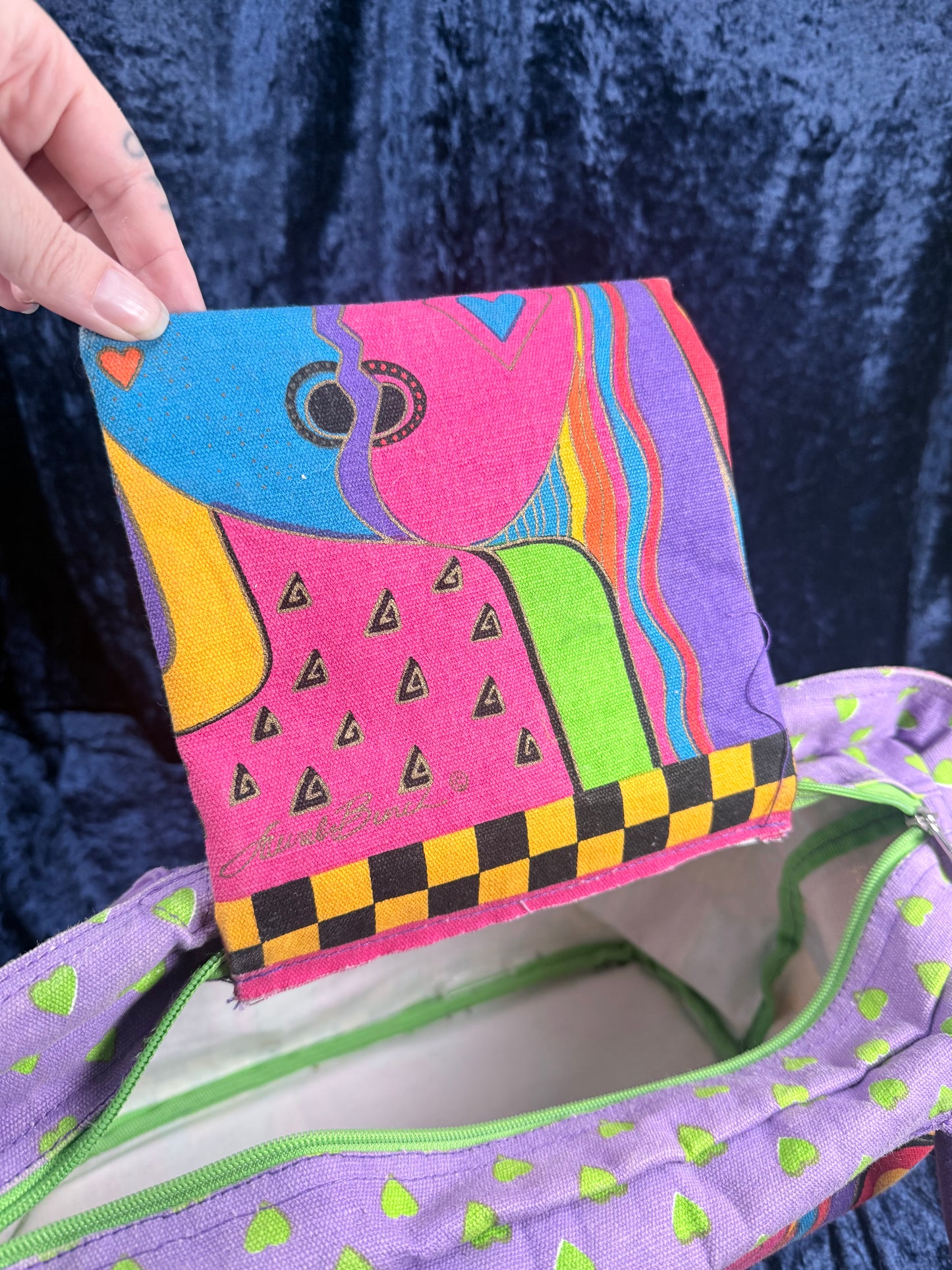 Vintage Canvas Laurel Burch Tote Bag – Kindred Spirits Faces with Purple Handles
