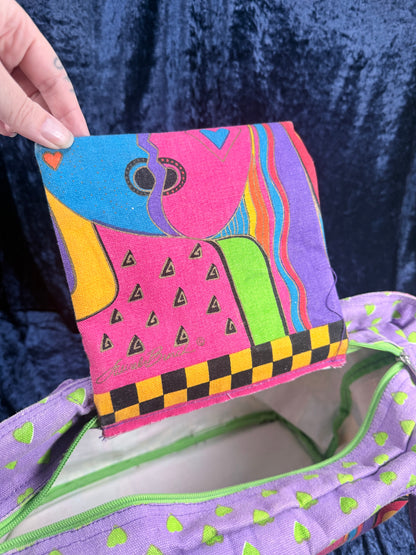 Vintage Canvas Laurel Burch Tote Bag – Kindred Spirits Faces with Purple Handles