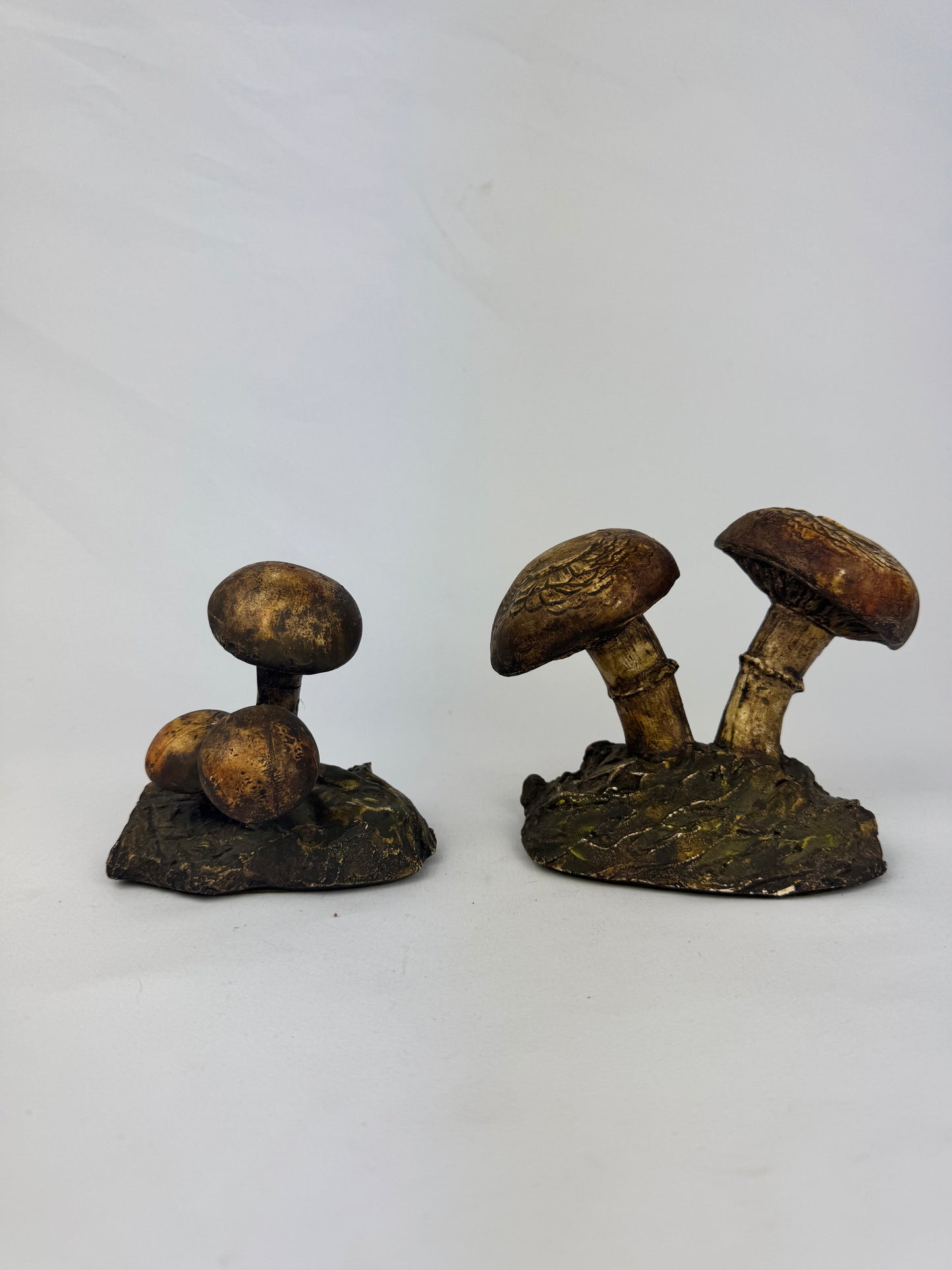 Vintage 1970s Chalkware 3D Toadstool Mushroom Decor Sculpture - Set of 2