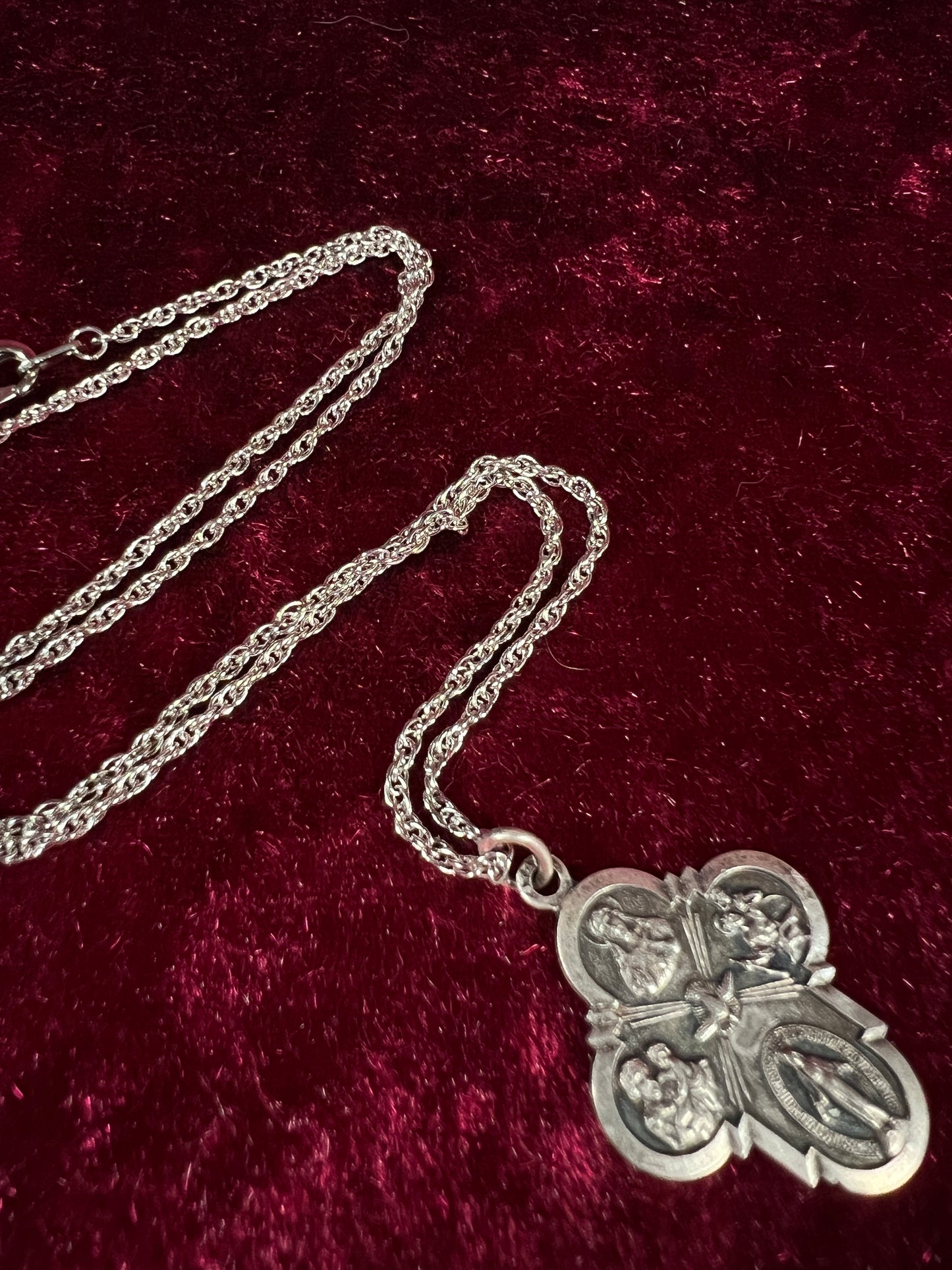 Vintage Silver Plated Religious Medal Pendant - Mother Mary and The Holy Trinity Cross