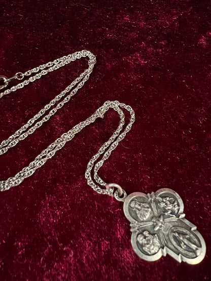 Vintage Silver Plated Religious Medal Pendant - Mother Mary and The Holy Trinity Cross