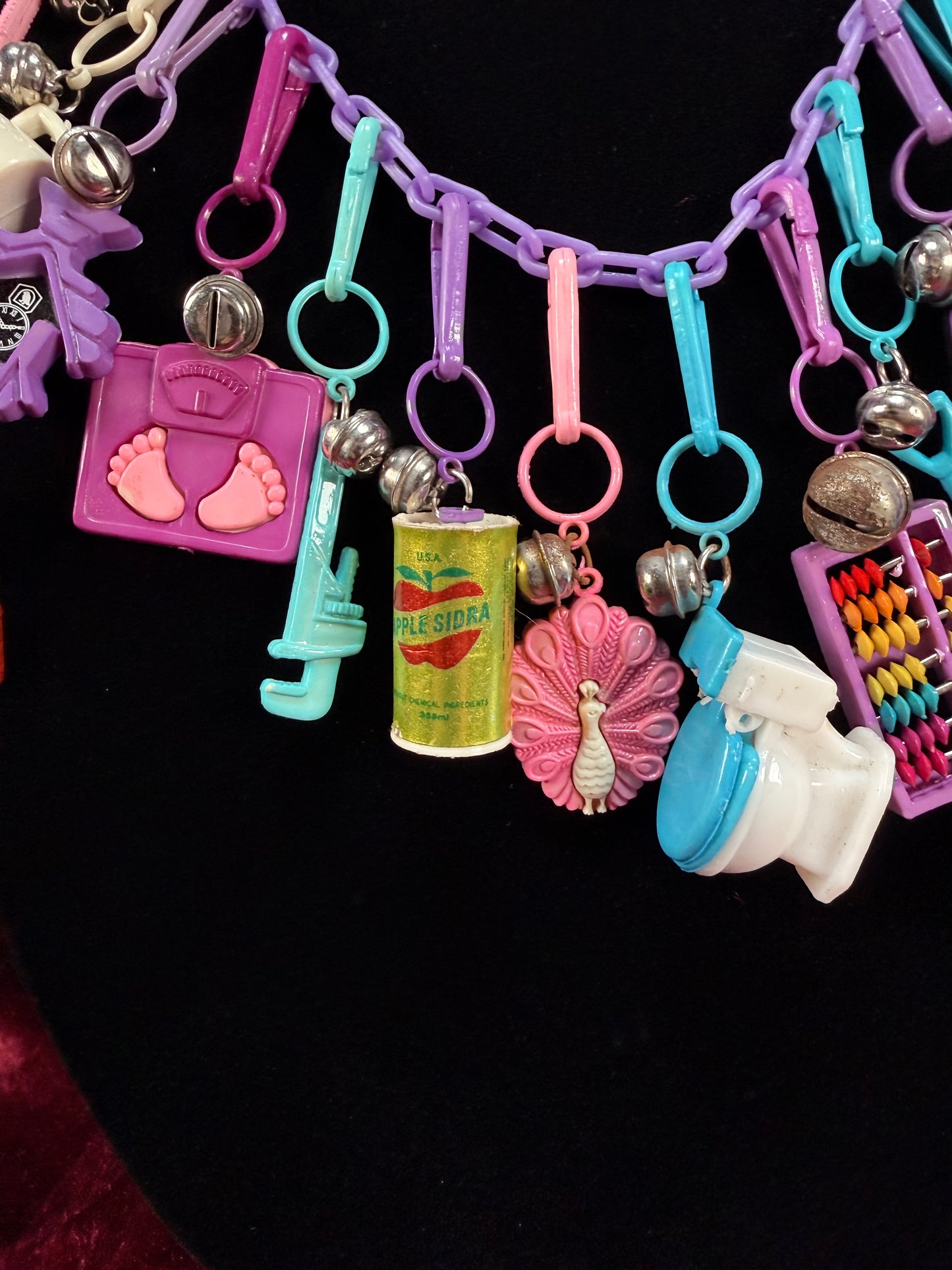 Vintage 1980s Plastic Chain Charm Necklace - 20 Bell Charms - Purple & Aqua Blue