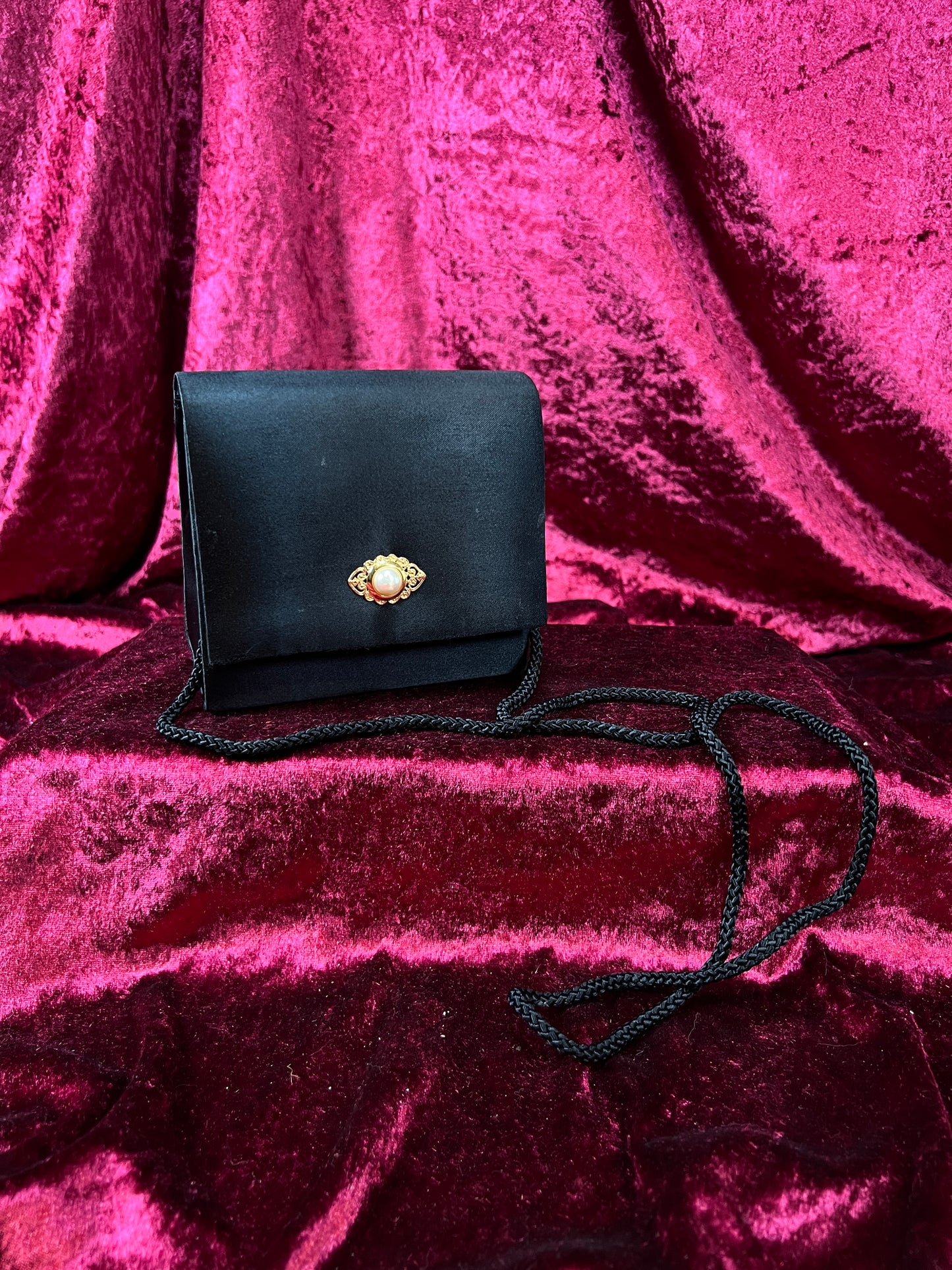 Vintage La Regale Satin Evening Bag - Faux Pearl Clasp Black Crossbody Purse