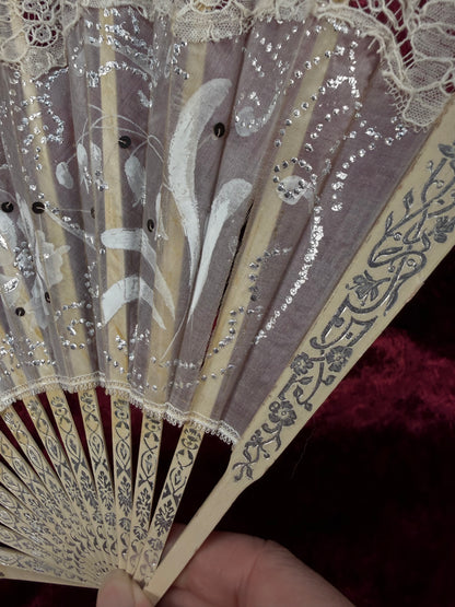 Antique Art Nouveau Handheld Fan with Lace Trim – Hand Painted Floral Design with Sequin Detail