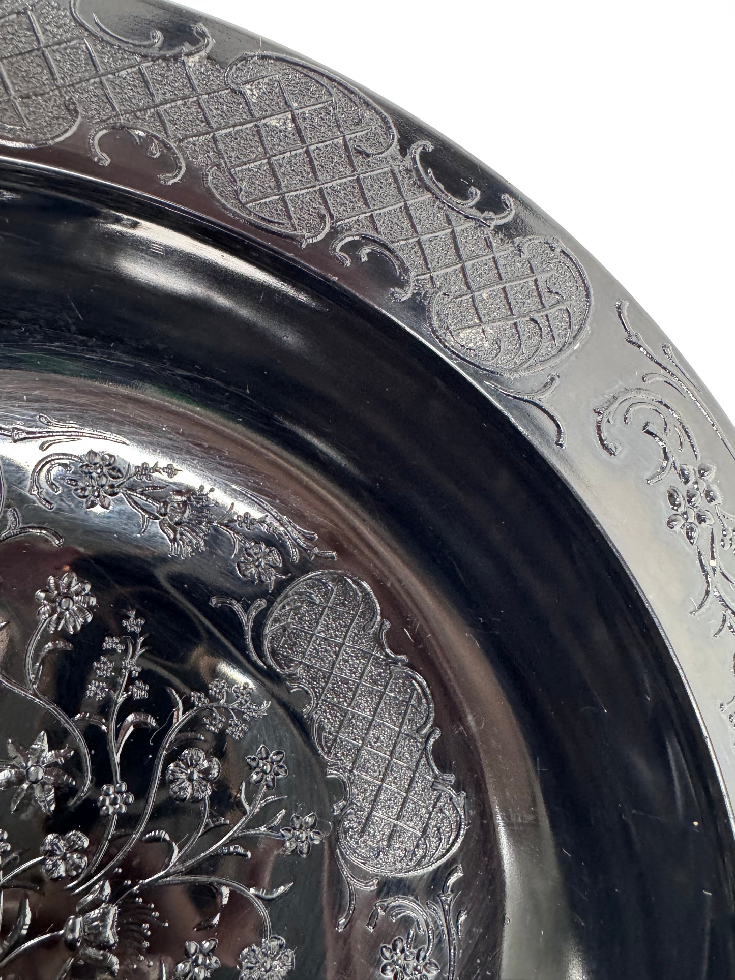 Vintage Footed Black Pressed Glass Bowl - Floral Trellis Decorative Pattern
