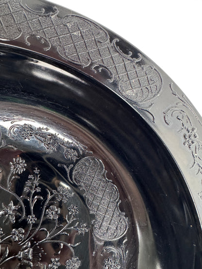 Vintage Footed Black Pressed Glass Bowl - Floral Trellis Decorative Pattern