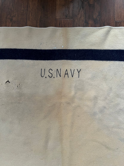 Vintage Military Issue Wool Blanket – WWII US Navy Blue Stripe