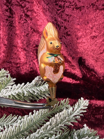 Vintage Christmas - Clip On Ornament - Glass Glittery Squirrel - Inge Glas - Germany