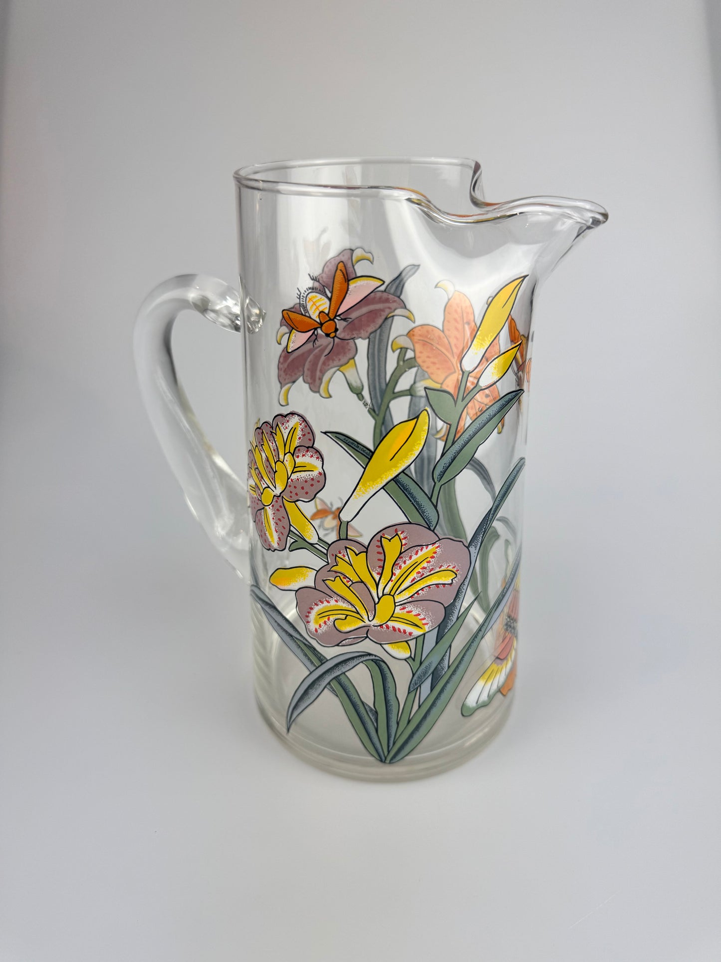 Vintage Clear Juice Pitcher with Lillies and Butterflies - 9" Tall Carafe