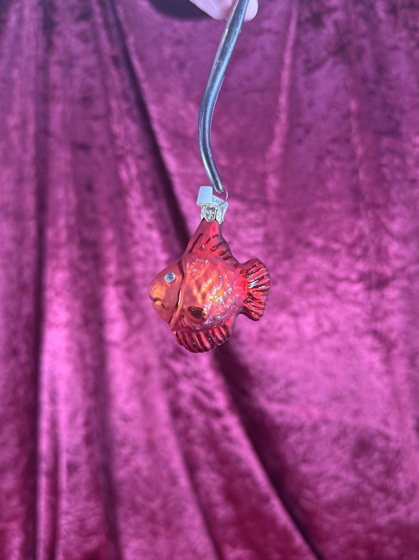 Vintage Christmas - Handblown Glass Ornament - Red Rhinestone Eyes Fish - Poland