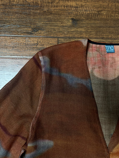 Vintage Tao House Cotton Knit Cardigan – Abstract Floral Print Wide Sleeve – Medium