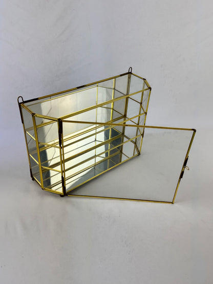 Vintage Brass & Glass Mirrored 3-Shelf Wall Hanging Curio Cabinet