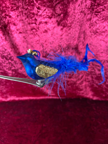 Vintage Christmas - Glass Clip-On Ornament - Royal Blue Peacock with Feather Tail