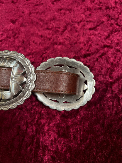 Vintage Brighton Leather Concho Belt - Silver Sunflower Western Belt USA Made - 29.5-33.5"