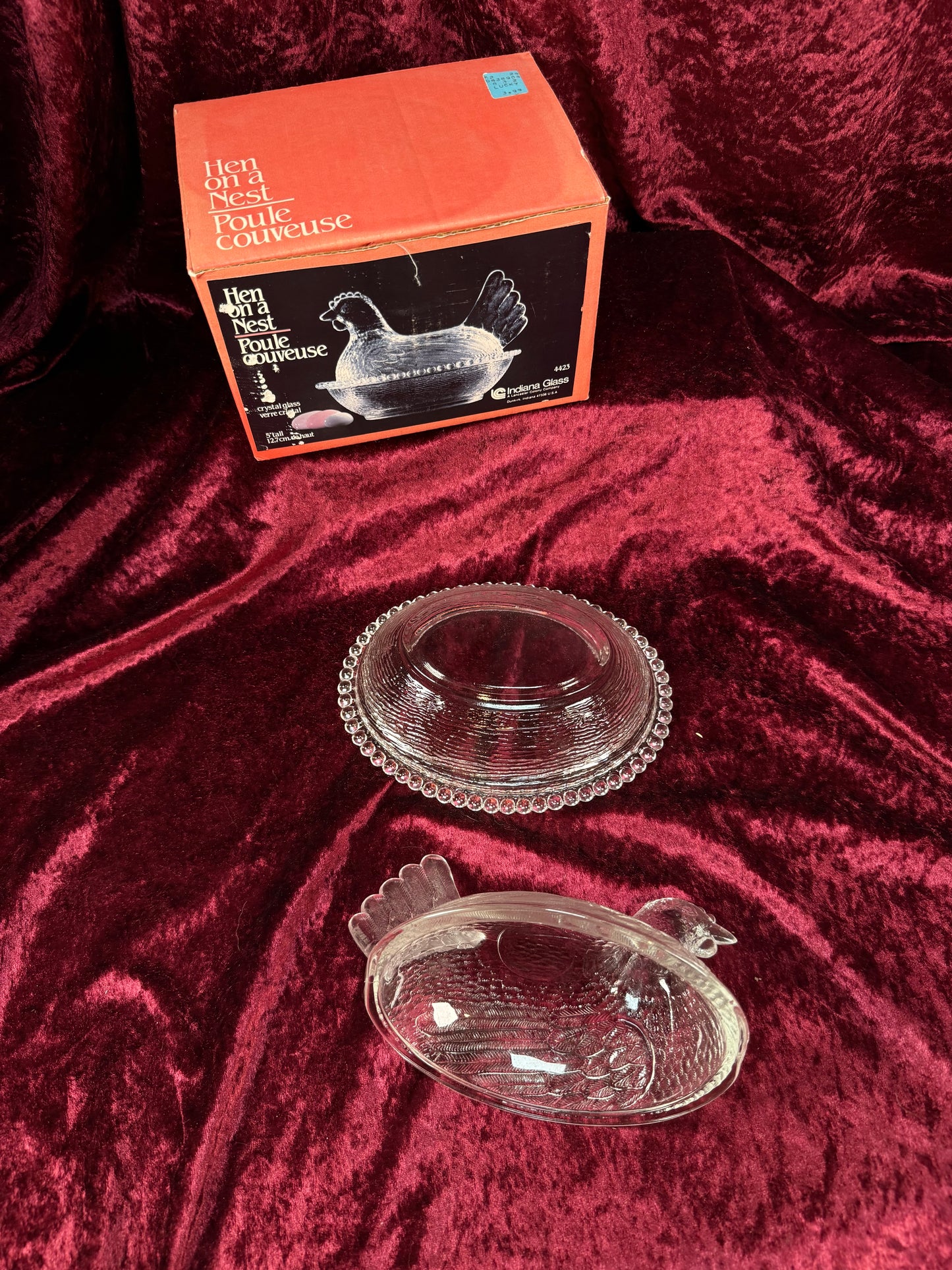 Vintage Crystal Glass Hen on Nest Dish – Beaded Rim Covered Candy Bowl with Original Box