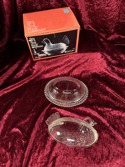Vintage Crystal Glass Hen on Nest Dish – Beaded Rim Covered Candy Bowl with Original Box