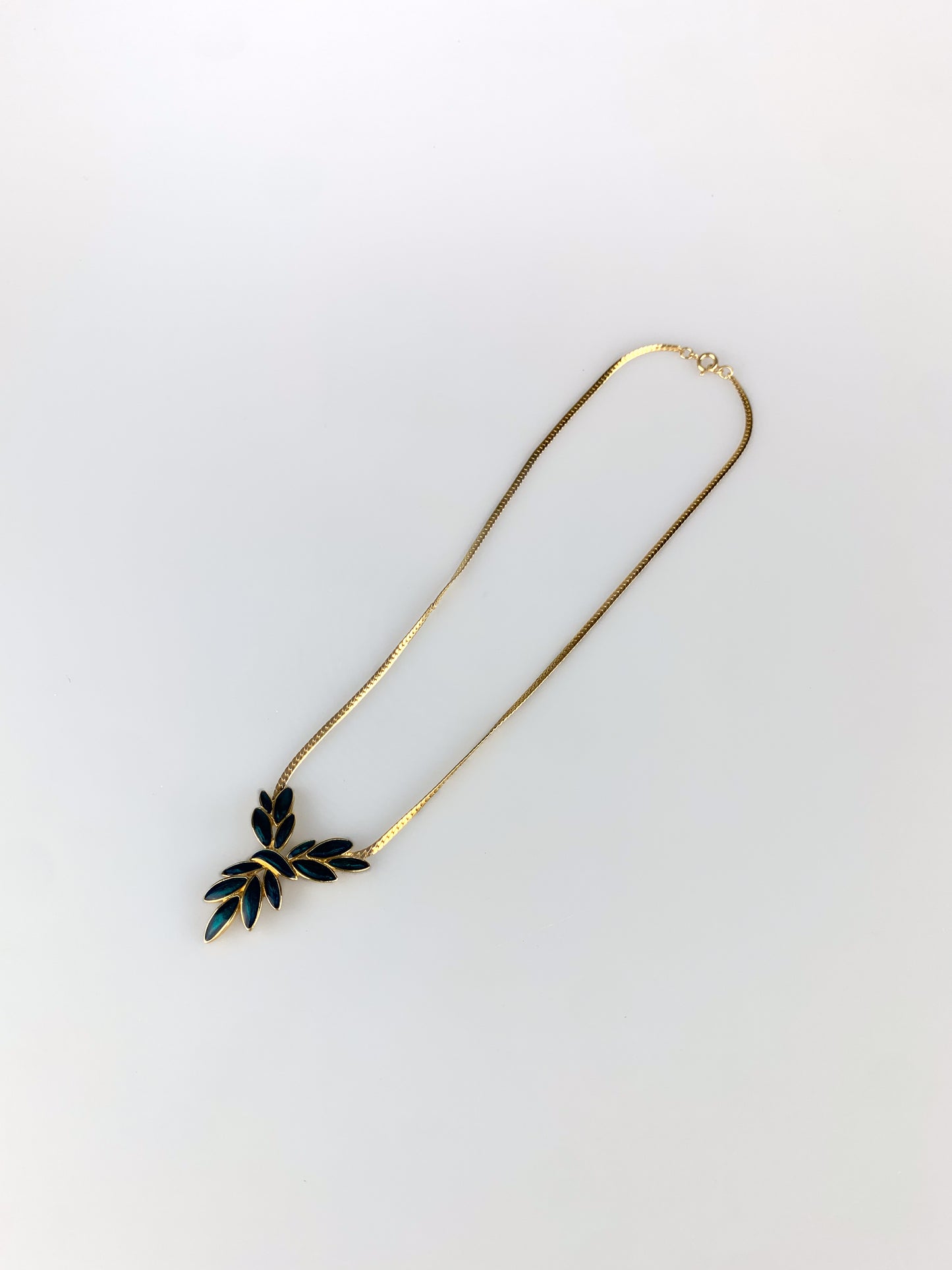 Vintage Trifari Gold Tone Snake Chain Necklace with Aquamarine Enamel Pendant