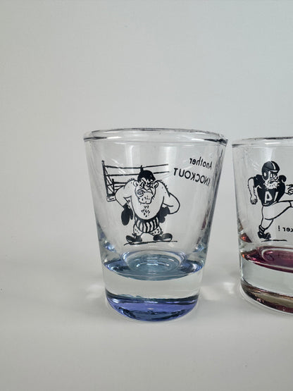 Vintage Barware - Kitschy Sports Humor - 1950s Shot Glass Set of 4