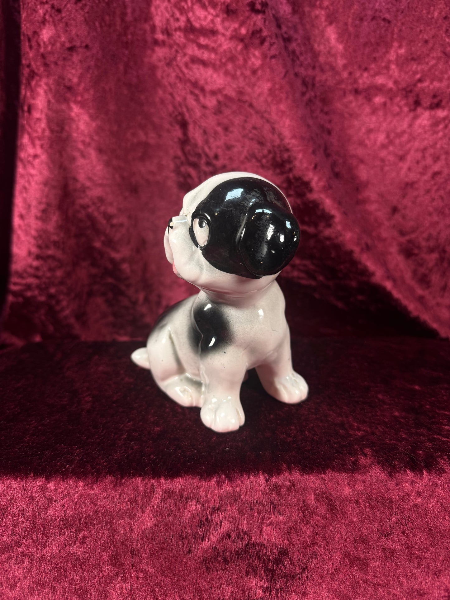 Vintage 1950s Ceramic Dog Figurine – Black & White Puppy with Big Eyes