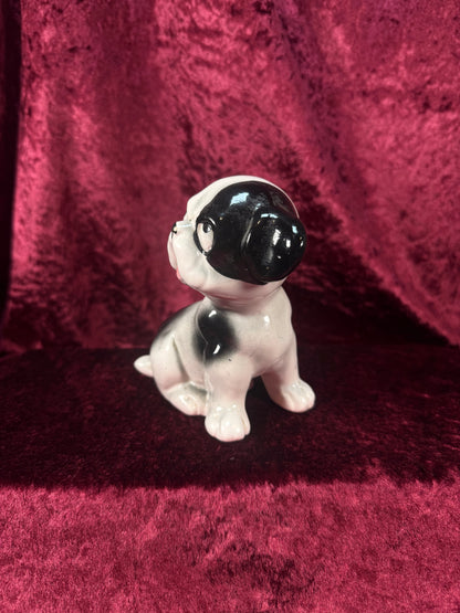 Vintage 1950s Ceramic Dog Figurine – Black & White Puppy with Big Eyes