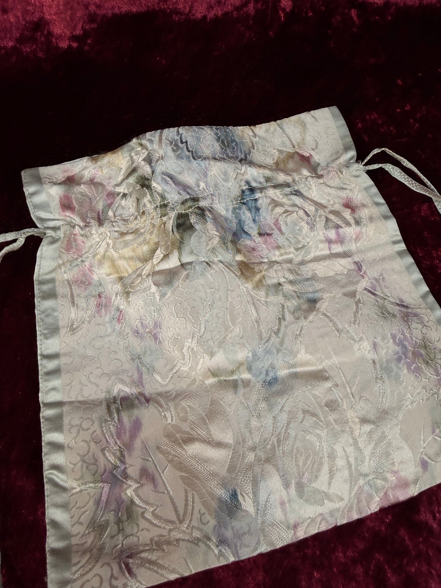 Vintage Satin Floral Drawstring Pouch – Pastel Jacquard Lingerie Bag