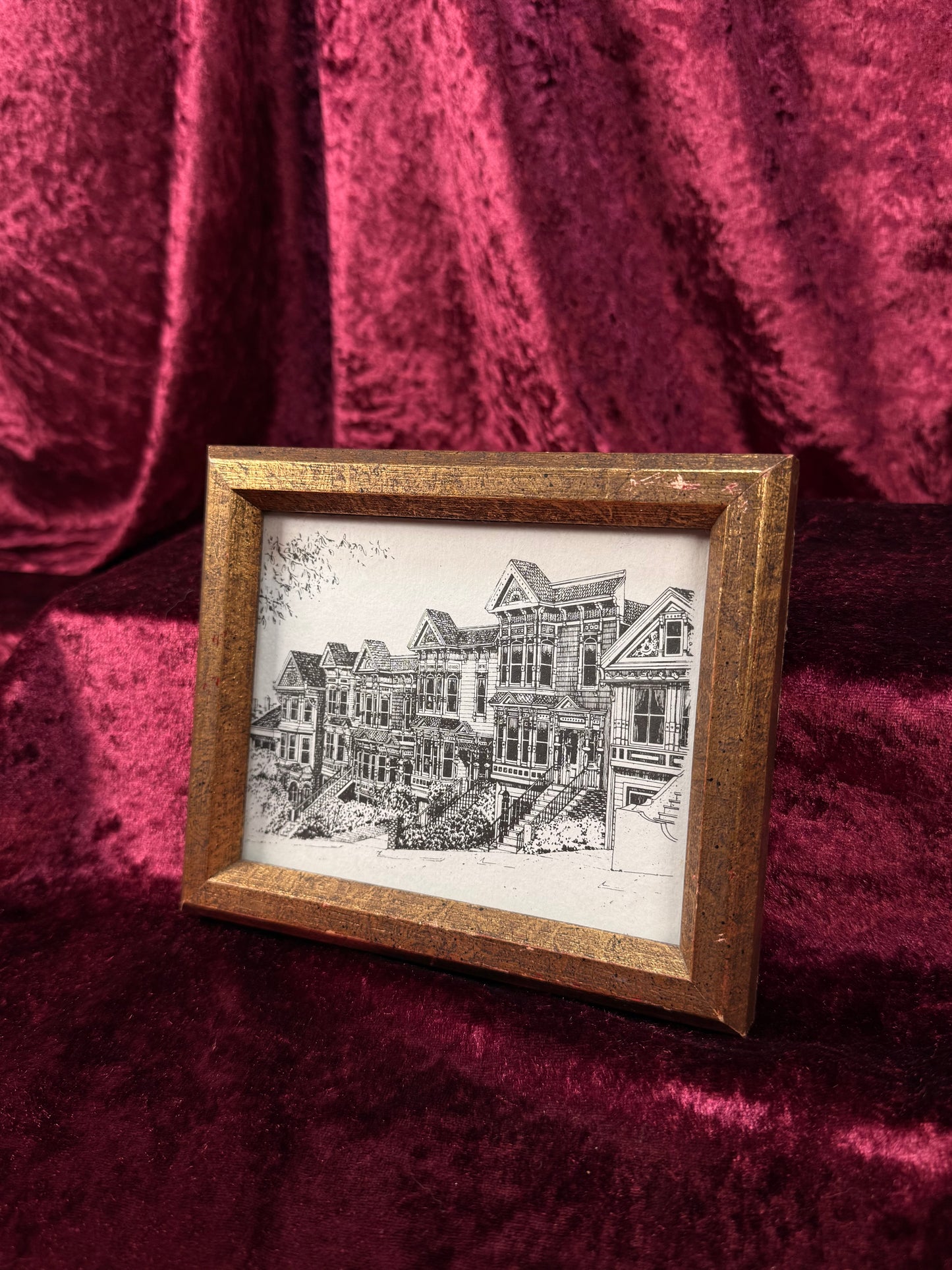 Vintage Framed Ink Drawing Print – Painted Ladies of San Francisco On A Victorian Street