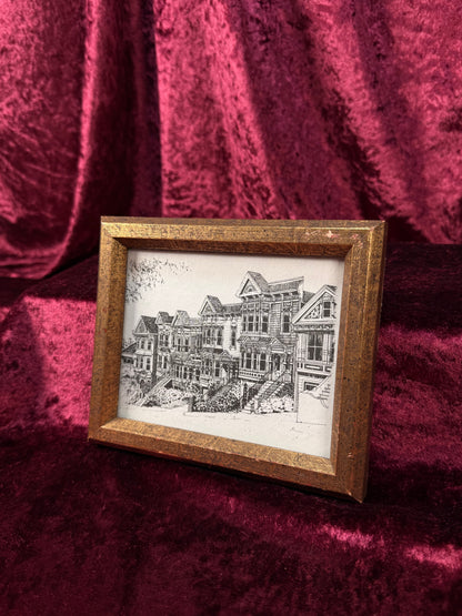 Vintage Framed Ink Drawing Print – Painted Ladies of San Francisco On A Victorian Street