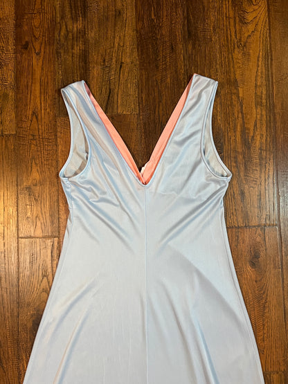 Vintage Clothing - Vanity Fair Full Length V-Neck Nightgown - Baby Blue with Pink Art Deco Flower - Small